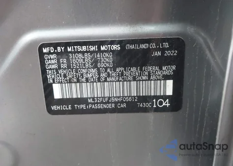 2022 Mitsubishi Mirage G4 Black Edition/Es/Le z USA, uszkodzony, nr VIN ML32FUFJ5NHF05612